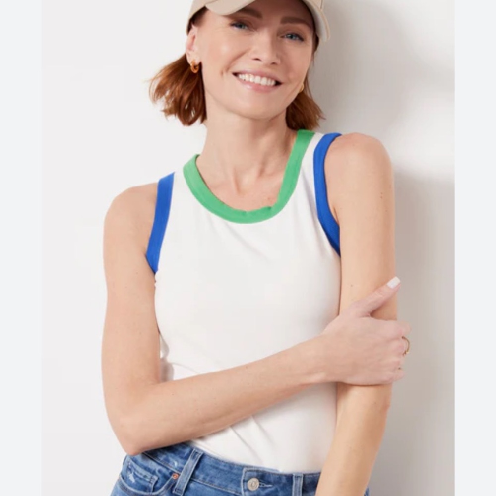 Evereve Ever Ringer White Tank Top with Green and Blue Trim Sz XS